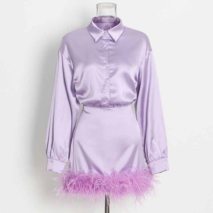 Long Sleeve Satin Feather-Trimmed Mini Dress Wrap Cocktail Dress