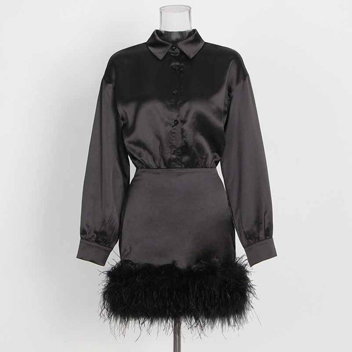 Long Sleeve Satin Feather-Trimmed Mini Dress Wrap Cocktail Dress