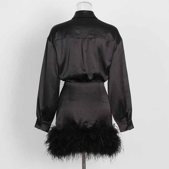 Long Sleeve Satin Feather-Trimmed Mini Dress Wrap Cocktail Dress