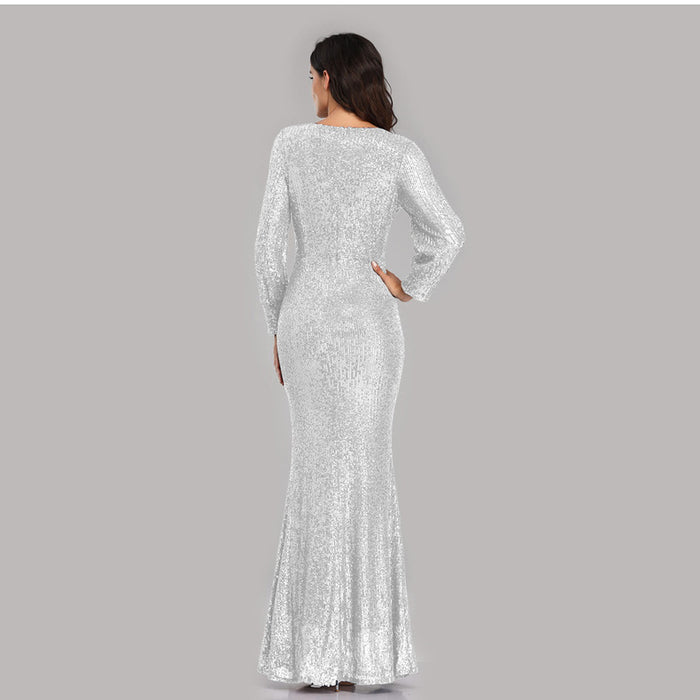 Long Sleeve Wedding Gowns V Neck Sequin Long Prom Dress