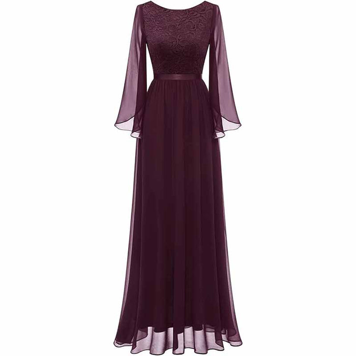 Long Sleeves Chiffon and Lace Bridemaid Dress Evening Long Collar-scoop Prom Dress