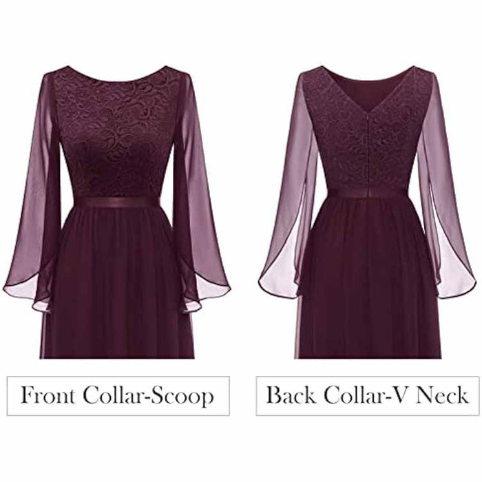 Long Sleeves Chiffon and Lace Bridemaid Dress Evening Long Collar-scoop Prom Dress