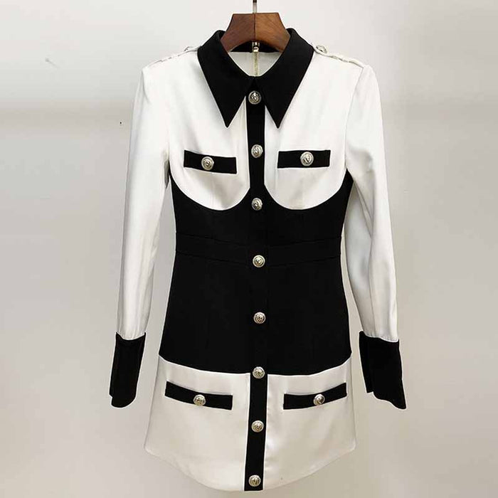 Long Sleeves Collar Color-block Black and white Mini Dress