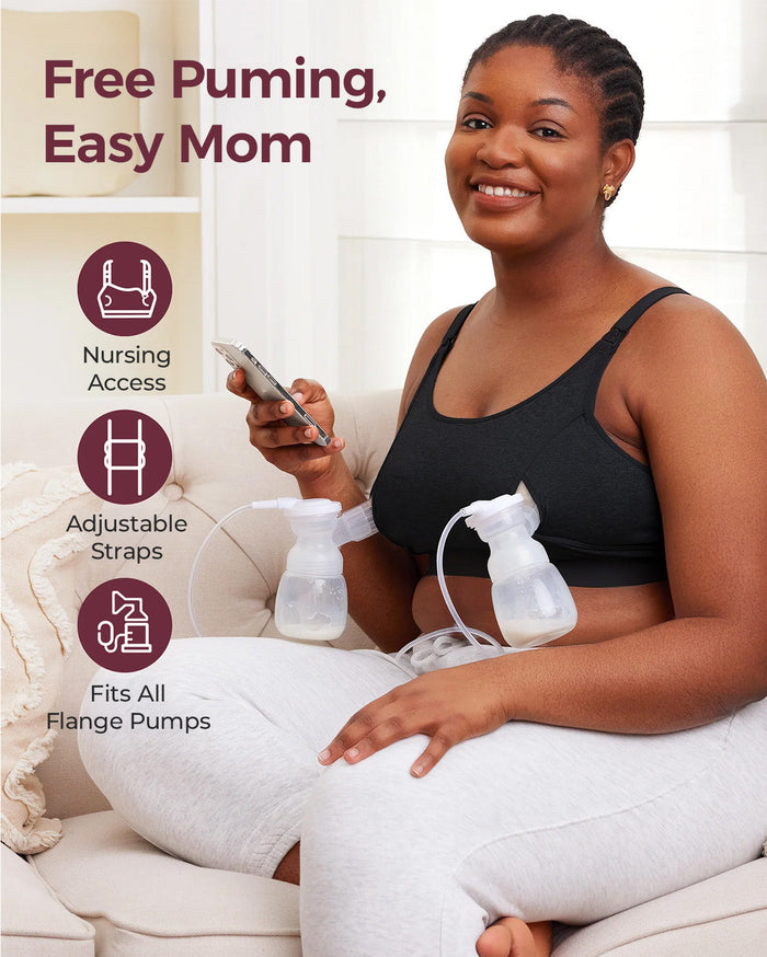 Black mom hands-free pumping in Original black pumping bra with nursing access, adjustable straps, and universal pump fit.