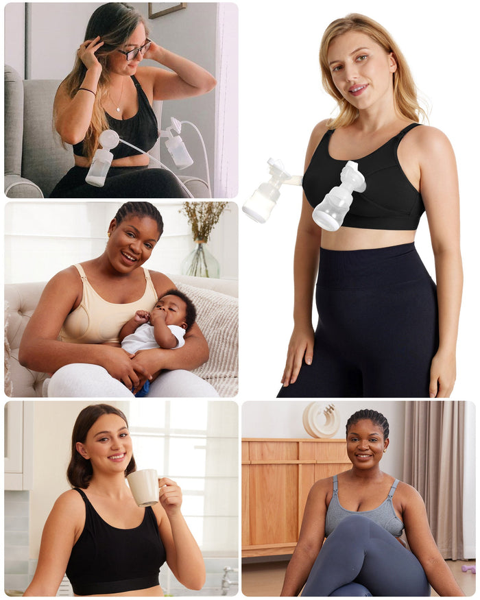 Diverse women using black, beige, grey hands-free pumping bras for pumping, nursing, and comfortable daily wear.