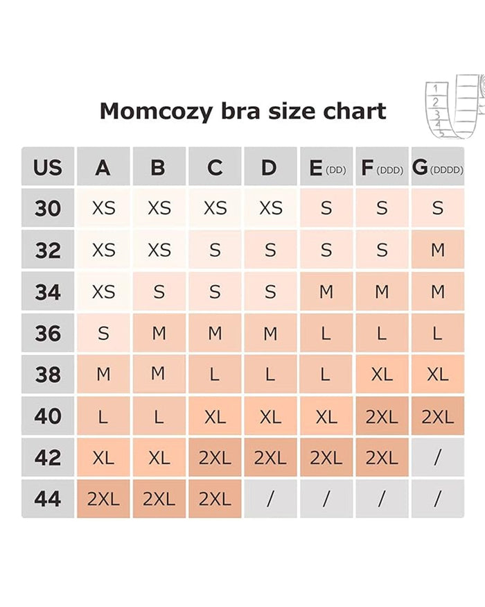 Find your perfect fit: Momcozy YN08 pumping bra size chart with US band (30-44) and cup (A-G) sizes from XS to 2XL.