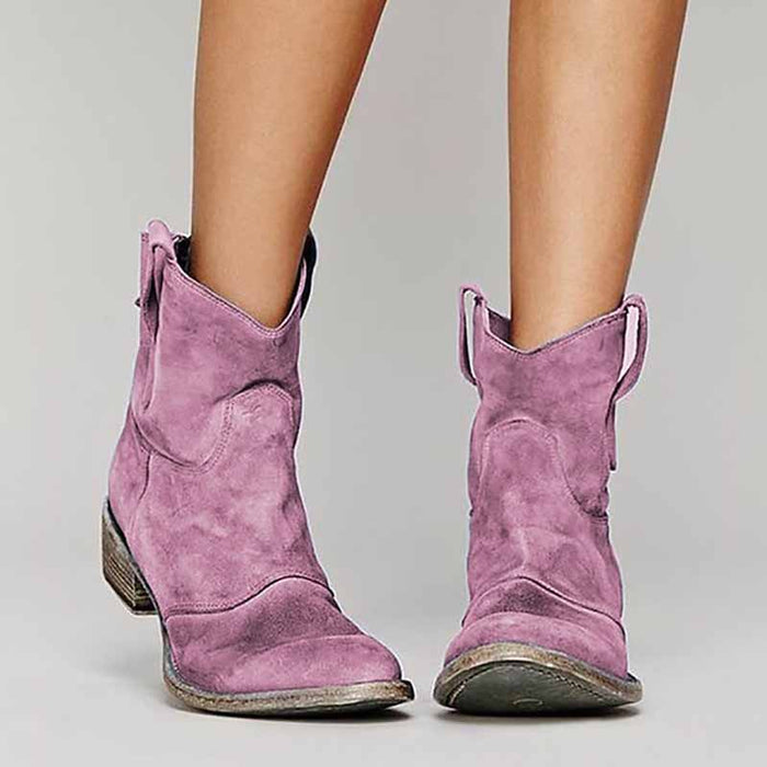 Stylish pink suede low heel ankle booties for women with easy pull-on design