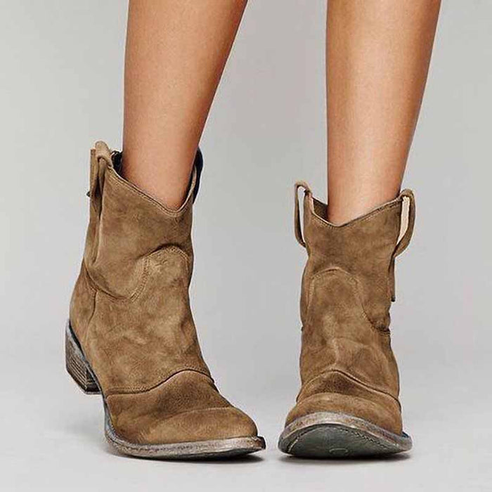 Brown suede low heel ankle booties for women with western-inspired design and side loops