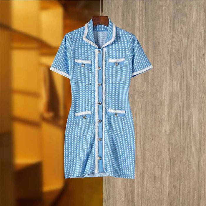 Lurex Knitted Mini Dress Short Sleeve Shirt Dress for Women