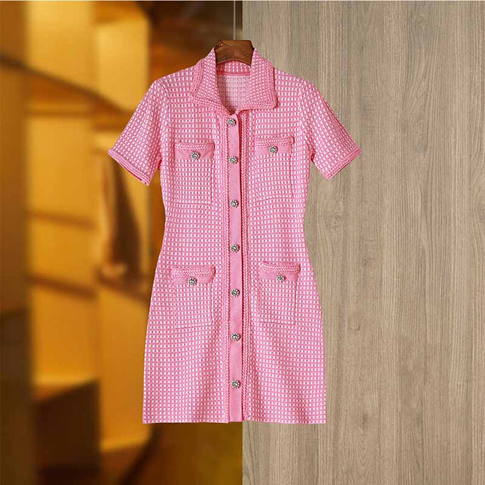 Lurex Knitted Mini Dress Short Sleeve Shirt Dress for Women
