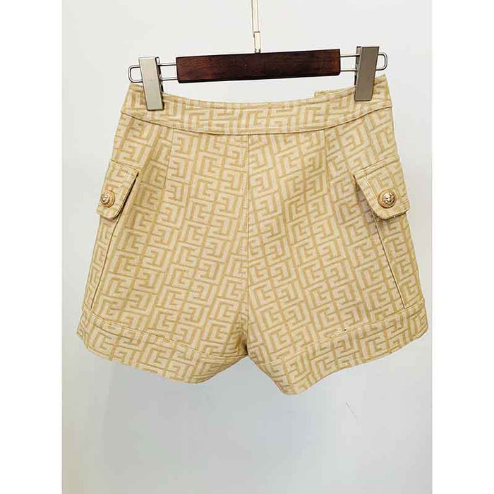 Metal Button Short Blazer & Shorts Suit In Beige