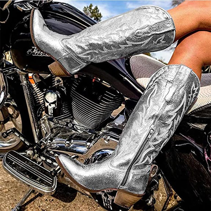 Shiny metallic cowgirl boots for women with stylish design and zip detail, perfect for a chic look
