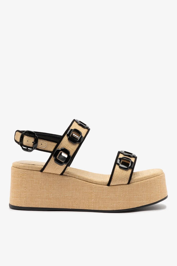Milan Flatform In Beige Raffia and Black Trimming Sandal Larroudé