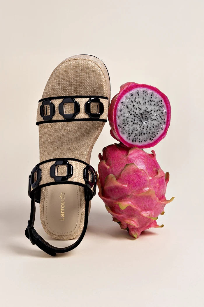 Milan Flatform In Beige Raffia and Black Trimming Sandal Larroudé