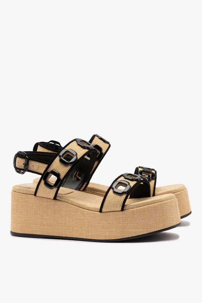 Milan Flatform In Beige Raffia and Black Trimming Sandal Larroudé