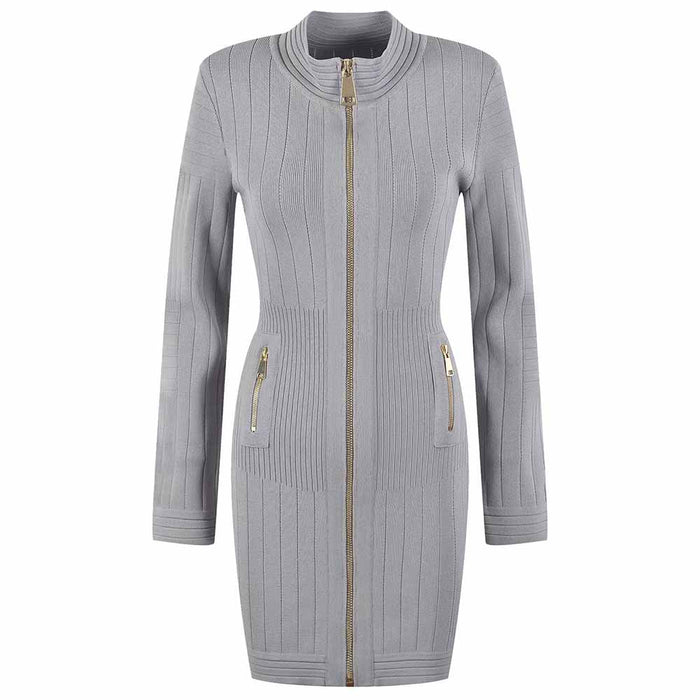 Mini Dress Ladies Long Sleeve Knitted Dress with Zips