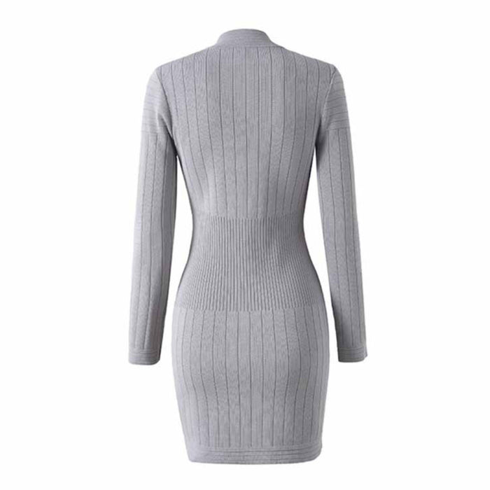 Mini Dress Ladies Long Sleeve Knitted Dress with Zips
