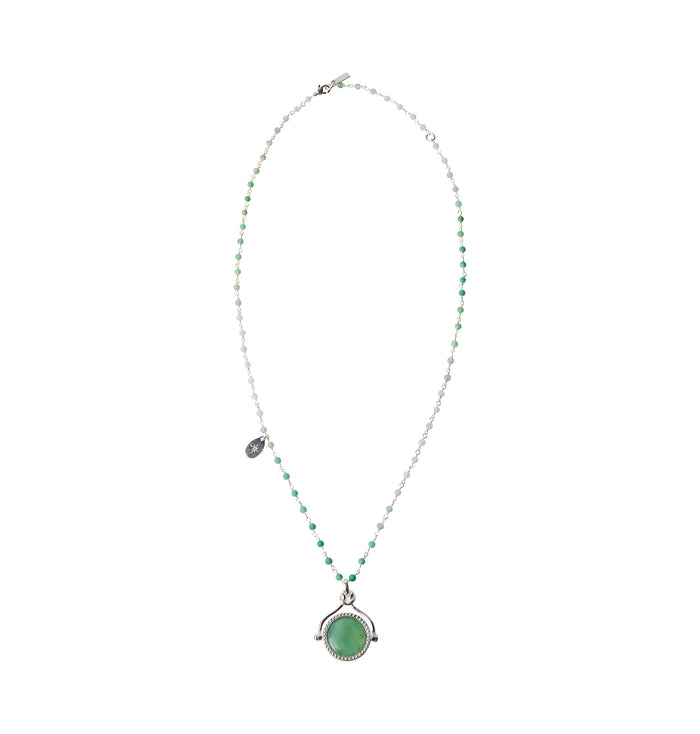 Moonscape Spinner Pendant Necklace in Peyote, silver-plated chain with green chrysoprase beads and round spinner pendant