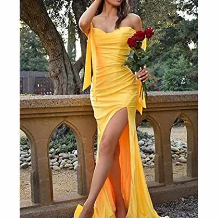 Off Shoulder Bridesmaid Dresses Mermaid Prom Dresses High Slit Formal Evening Gowns