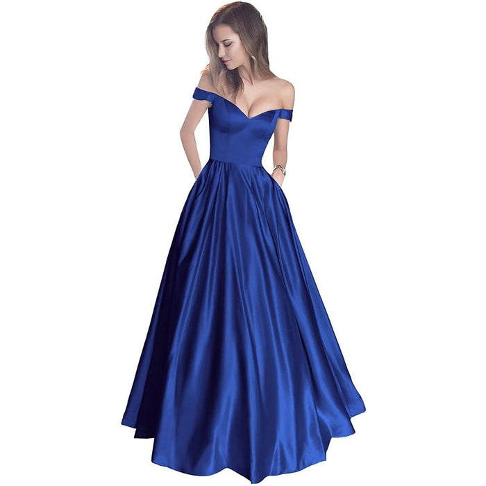 Off The Shoulder Satin Wedding Dress Beaded A.Line Prom Dress with Pocket