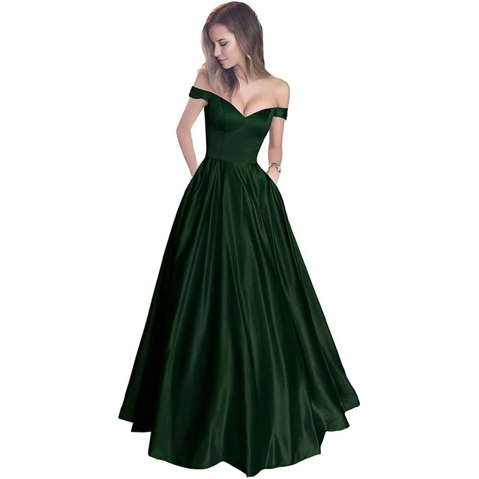 Off The Shoulder Satin Wedding Dress Beaded A.Line Prom Dress with Pocket