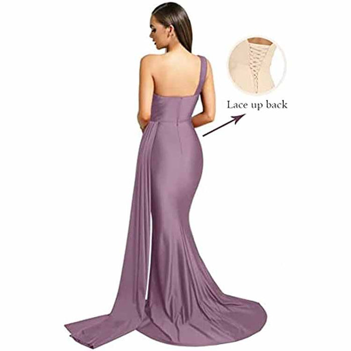 Elegant one shoulder satin bridesmaid dress with lace-up back detail in lavender color