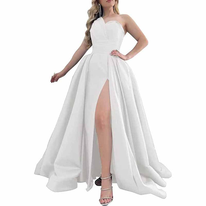 One Shoulder Satin Bridesmaid Dress Prom Dresses Long Ball Gown Formal Dresses for Women Evening Gowns with Slit