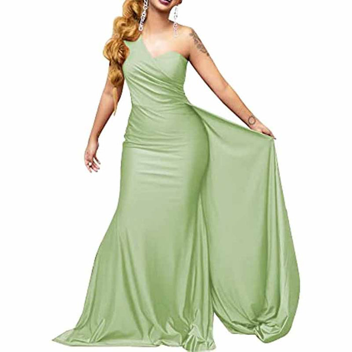 One Shoulder Satin Bridesmaid Dresses Long Mermaid Prom Dresses Ruched Formal Evening Gowns