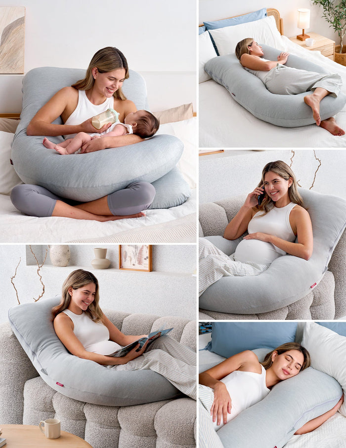 U-shaped maternity body pillow, light gray, for pregnancy support and restful sleep, Momcozy Huggable