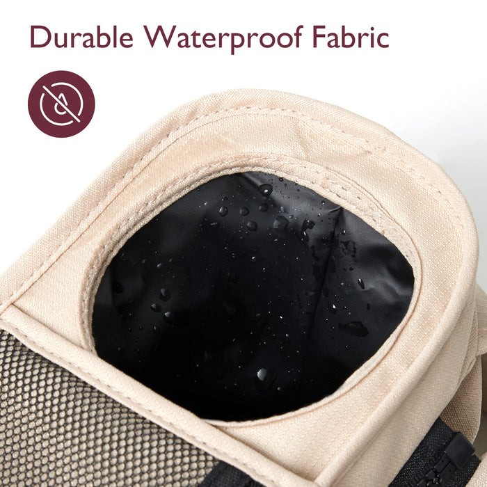Momcozy stroller organizer detail with beige waterproof fabric and cup holder