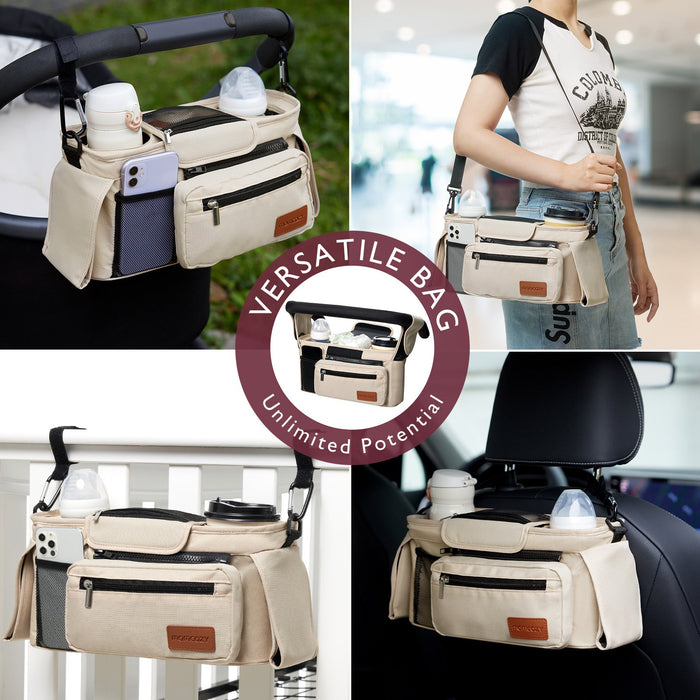 Momcozy beige stroller organizer, versatile bag with multiple pockets for stroller, car, and shoulder bag use