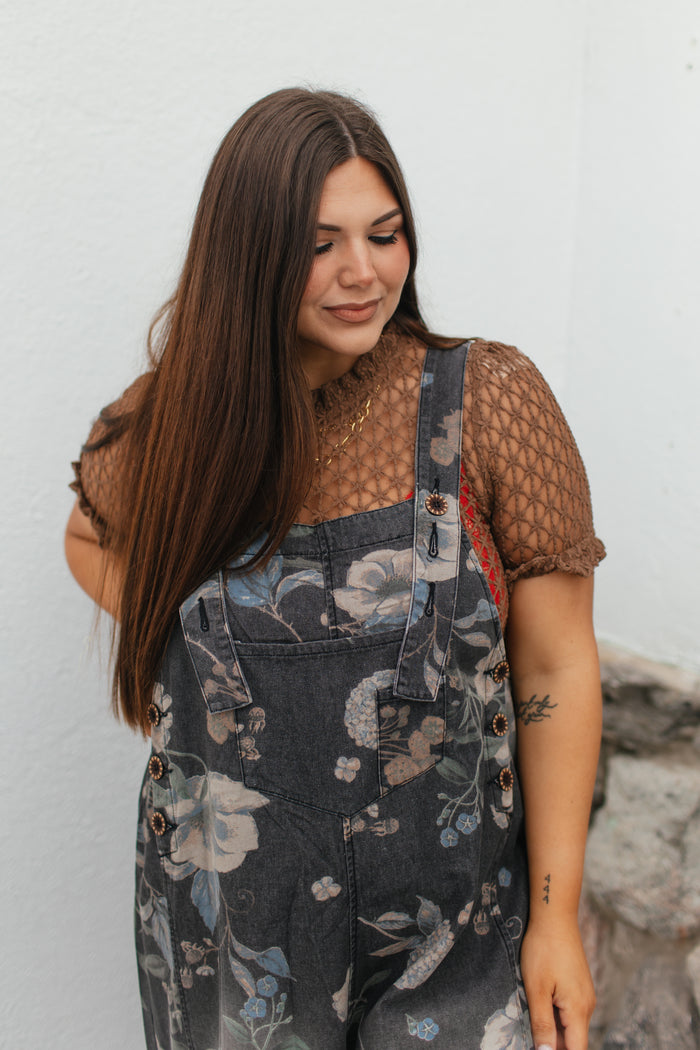 Painted Meadow Overalls In Black Denim