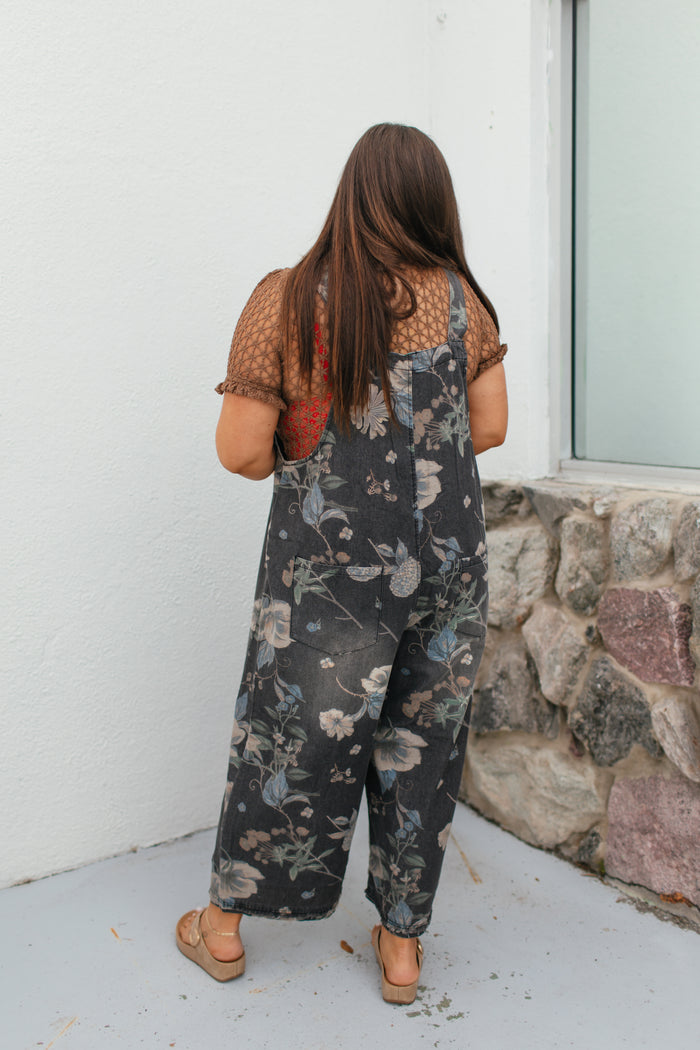 Painted Meadow Overalls In Black Denim