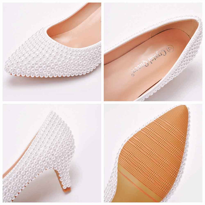 Pearl wedding pumps for brides featuring elegant pearl detailing and a sleek design