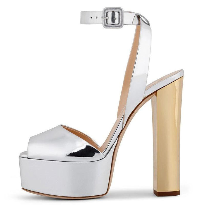 Stylish silver peep toe platform sandals for women with a high block heel and ankle strap