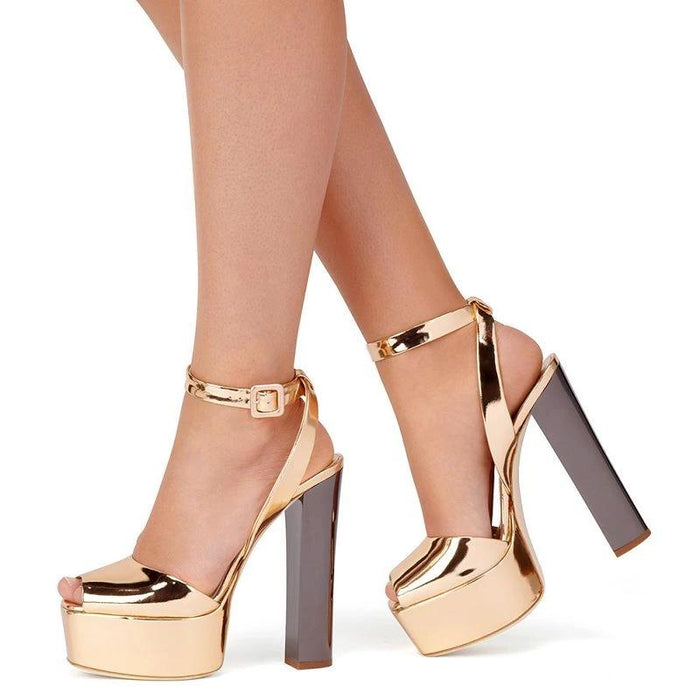 Gold peep toe platform sandals for women with ankle strap and chunky heels