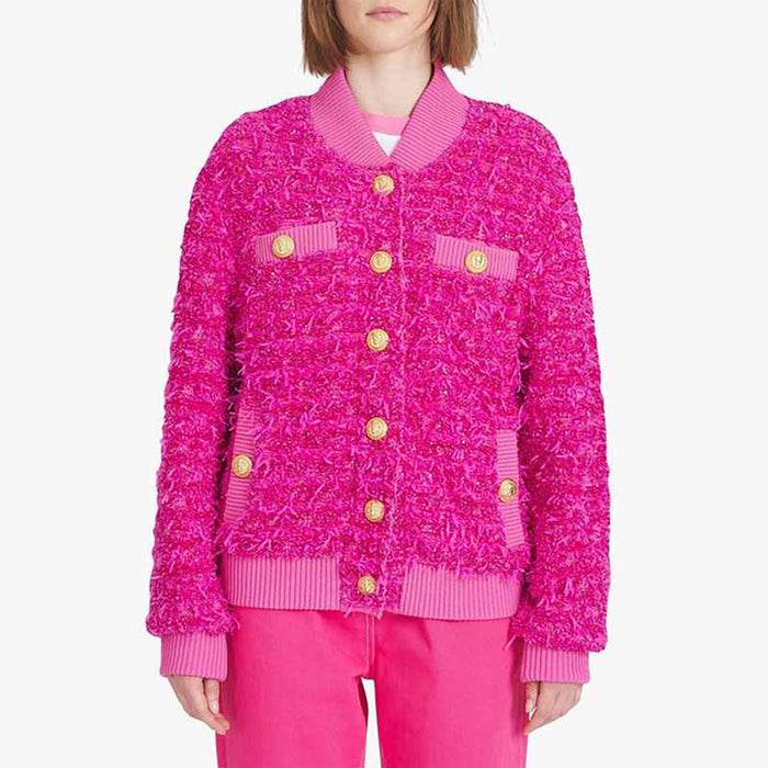 Pink Tweed Outwear Gold Buttons Baseball Uniform Jacket Coat