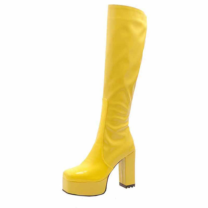 Bright yellow platform high heel boots for women with sleek design and tall block heels