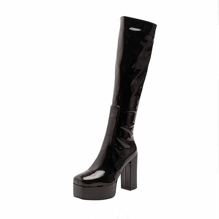 Stylish black platform high heel boots for women with a glossy finish and tall block heels