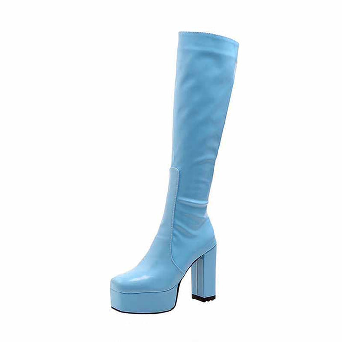 Sky Blue Platform High Heel Boots for Women with Stylish Tall Design and Chunky Heels
