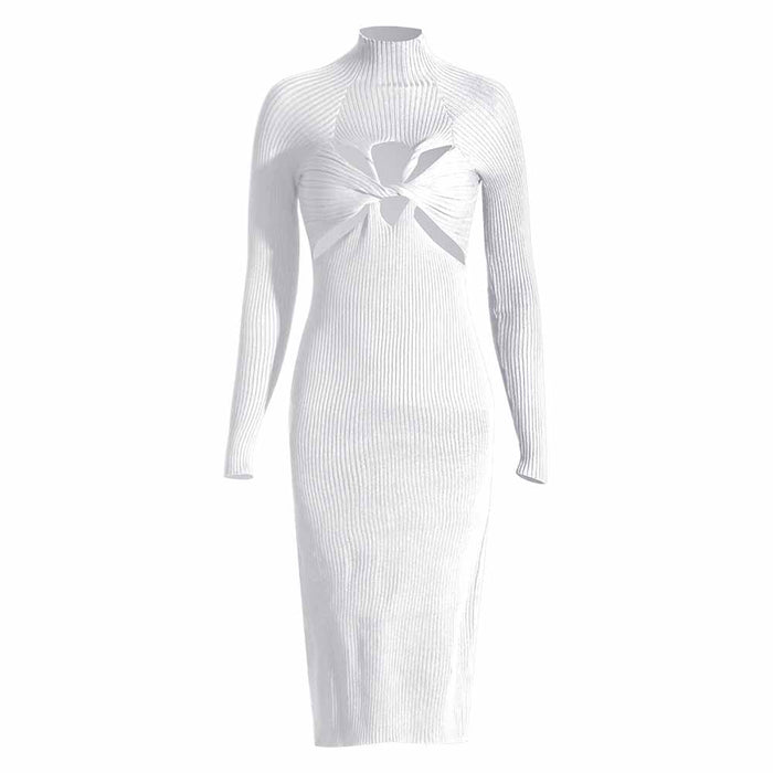 Pleated Turtle-neck Tight-fitting Bodycon Dress