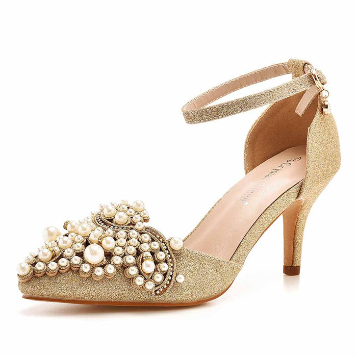 Pointed Toe Gold Rhinestone Pearl Low Heels Wedding Shoes