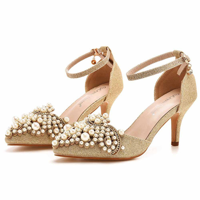Pointed Toe Gold Rhinestone Pearl Low Heels Wedding Shoes
