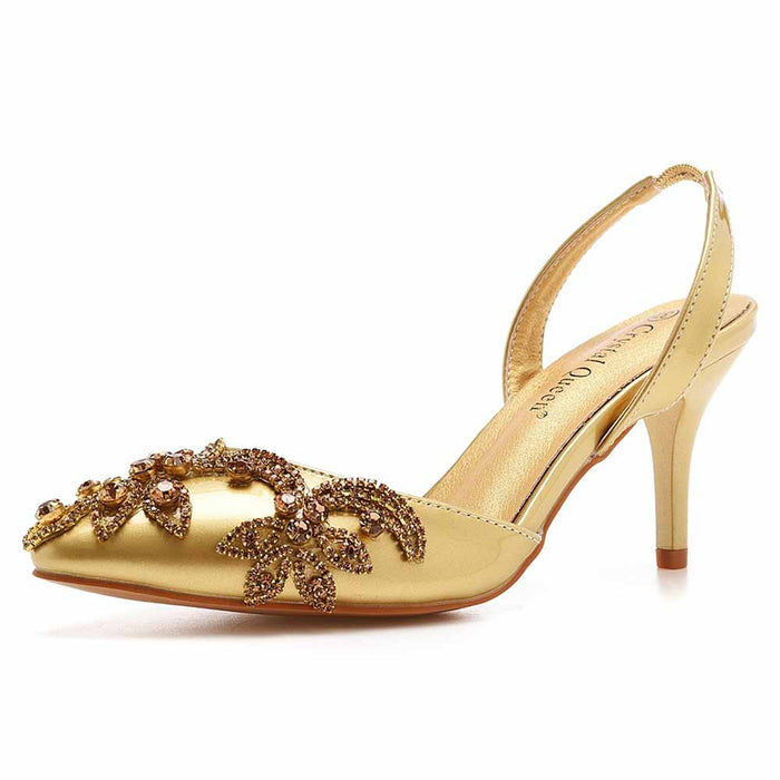 Pointed Toe Rhinestone Stiletto Pumps Middle Heel Bridal Wedding Shoes