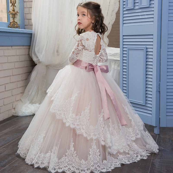 Princess Lace Flower Wedding Dress Kids Prom Puffy Tulle Ball Gown