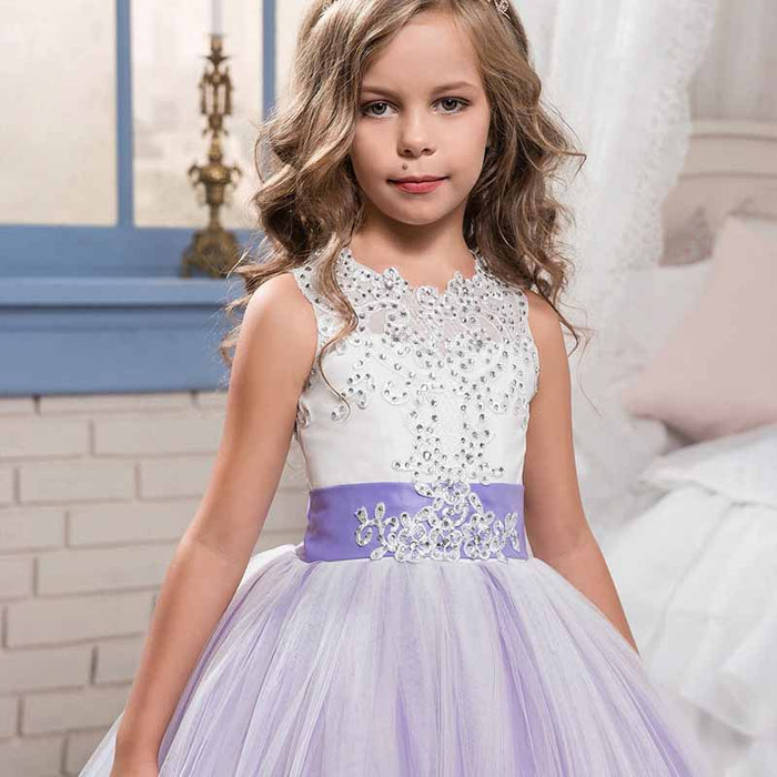 Princess Lace Flower Wedding Dress Kids Prom Puffy Tulle Ball Gown