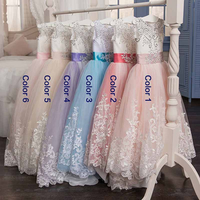 Princess Lace Flower Wedding Dress Kids Prom Puffy Tulle Ball Gown
