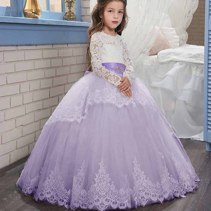 Princess Lace Flower Wedding Dress Kids Prom Puffy Tulle Ball Gown