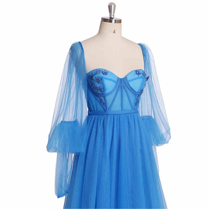 Puffy Sleeve Prom Dresses Ball Gown for Women Formal Long Sleeve Backless Evening Gown