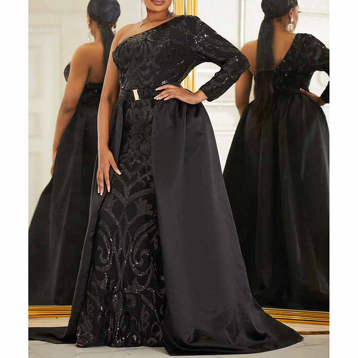 Pus Size One Shoulder Sequined Prom Dress